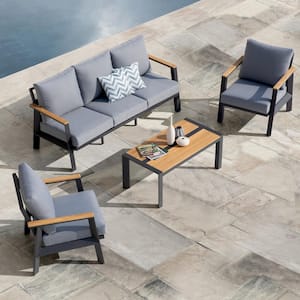Burton 4-Piece Aluminum and Teak Outdoor Sofa Sectional Set with Cushions