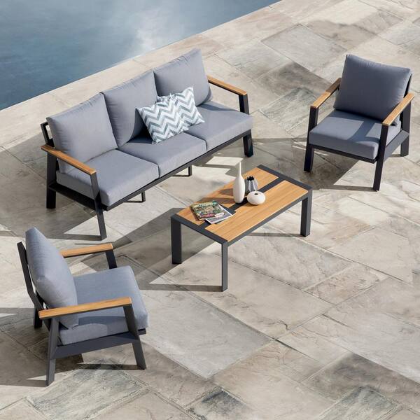Patio Time Burton 4-Piece Aluminum and Teak Outdoor Sofa Sectional Set with Cushions