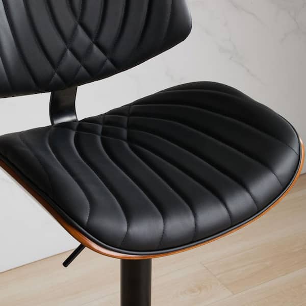 26 in. Black Leather Walnut Bentwood Swivel Bar Stools Mid Century Modern Adjustable Height (1 Chair)