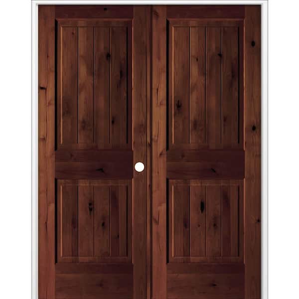 64 in. x 80 in. Knotty Alder 2-Panel V-G Solid Wood Left-Active BEHR Red Mahogany Stain Double Prehung Interior Door