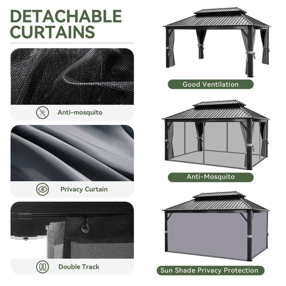 12' x 16' Galvanized Iron and Aluminum Hardtop Gazebo with Curtain and Netting