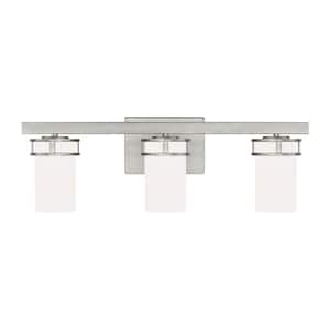 Robie 24 in. 3-Light Brushed Nickel Transitional Rustic Wall Bathroom Vanity Light with Etched White Glass Shades