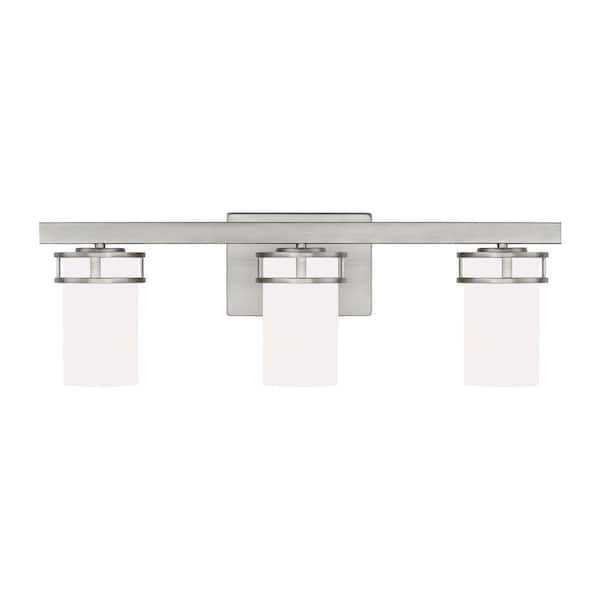 Generation Lighting Robie 24 in. 3-Light Brushed Nickel Transitional Rustic Wall Bathroom Vanity Light with Etched White Glass Shades