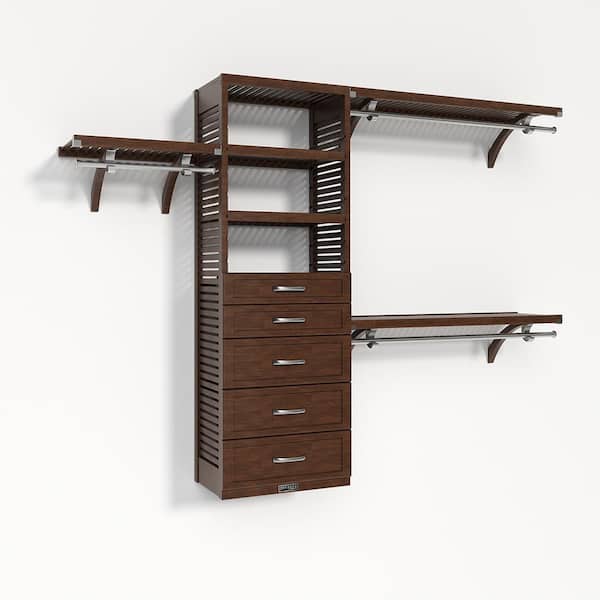 John Louis Home 72 in. W-120 in. W Chestnut Walk in with 5 Shaker Style Drawers 16 in.-Shelf Wood Closet System