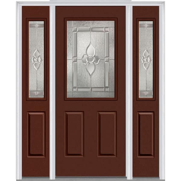 MMI Door 60 in. x 80 in. Master Nouveau Left-Hand 1/2-Lite Decorative Painted Fiberglass Smooth Prehung Front Door with Sidelites