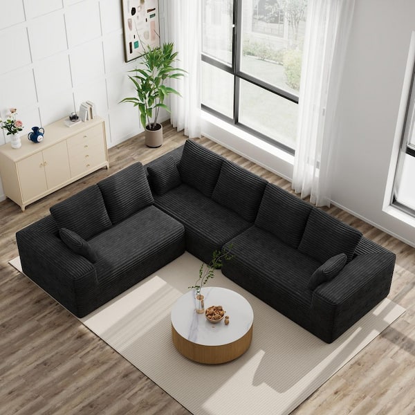 134 in. W Square Arm 3-Piece Corduroy Oversized 8-Seater Modular Free Combination Sectional Sofa in Black