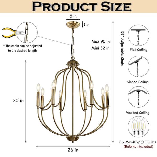 ALOA DECOR 26 in. 8-Light Modern Brass Mid-Century Modern