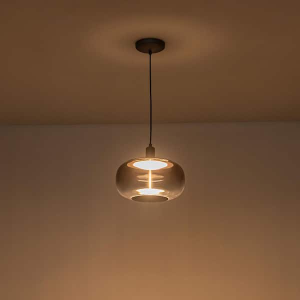 11.81 in. 10-Watt 1-Light Modern Black Metal Dimmable Integrated LED Pendant Light with Drum Smoky Gray Shade