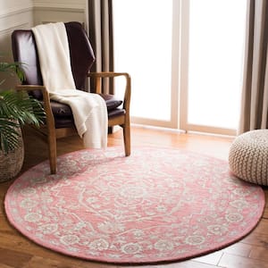 Micro-Loop Pink/Ivory 3 ft. x 3 ft. Floral Border Round Area Rug
