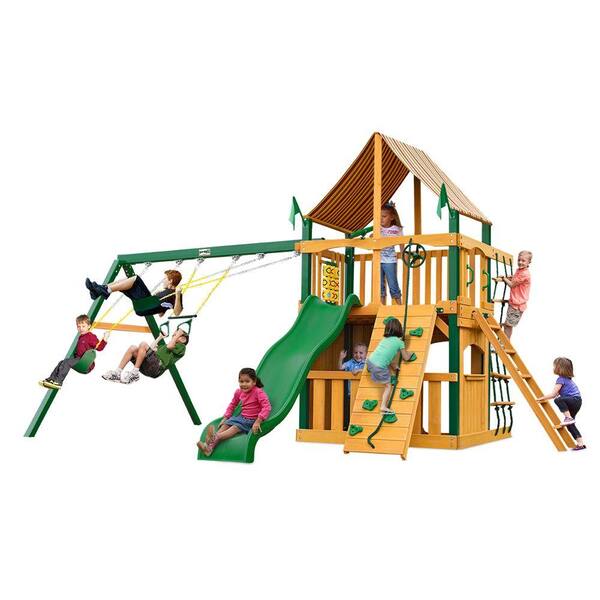 Gorilla Playsets Chateau Clubhouse with Timber Shield and Sunbrella Weston Ginger Canopy Cedar Playset