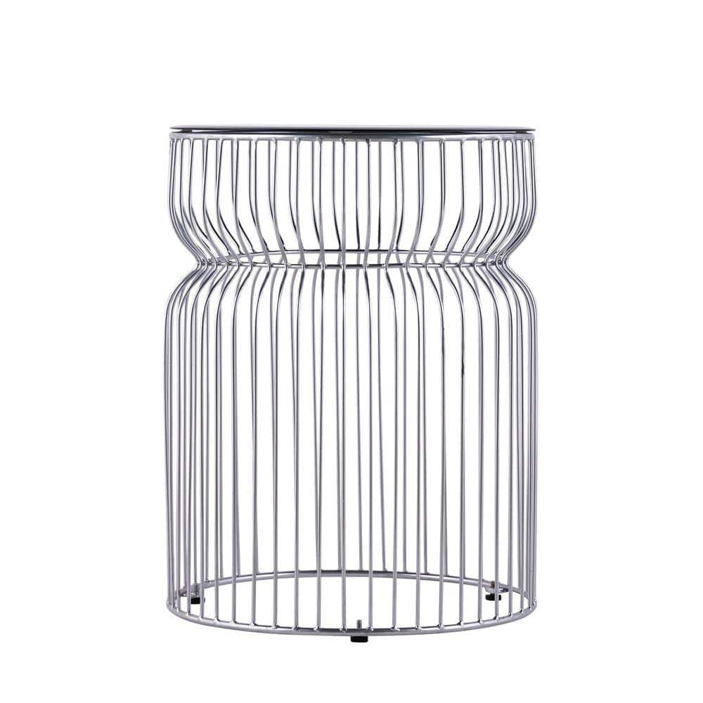 Chrome metal base of a round end table.