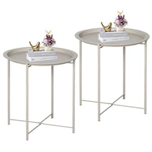 Round Side/End Table, Folding Round Metal Anti-Rust and Waterproof Outdoor or Indoor Tray, 18.5 in. W Beige Set of 2