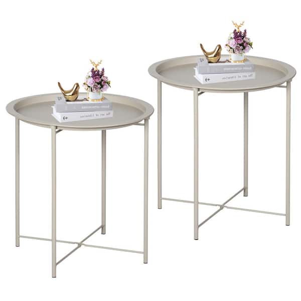 VECELO Round Side/End Table, Folding Round Metal Anti-Rust and Waterproof Outdoor or Indoor Tray, 18.5 in. W Beige Set of 2