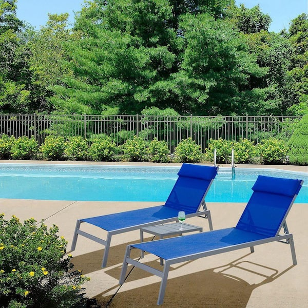 3-Pieces Adjustable Backrest Pool Lounge Chairs Steel Textilene Sunbathing Recliner with Headrest, Blue