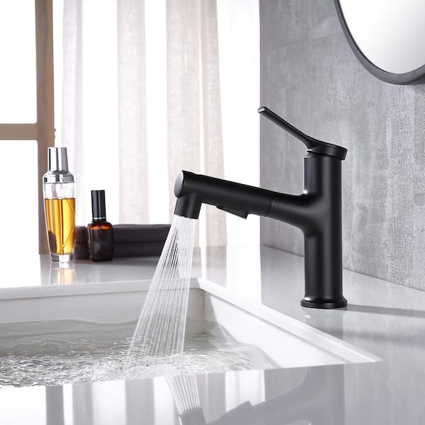 Single-Handle Round Single Hole Single Lever Pull-Out Bathroom Basin Mixer Faucet in Matte Black