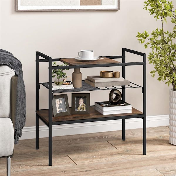24 in. Brown Rectangle Particle Board End Table Entryway Table 3-Tier Sofa Side Table with Removable Panel & Mesh Shelf
