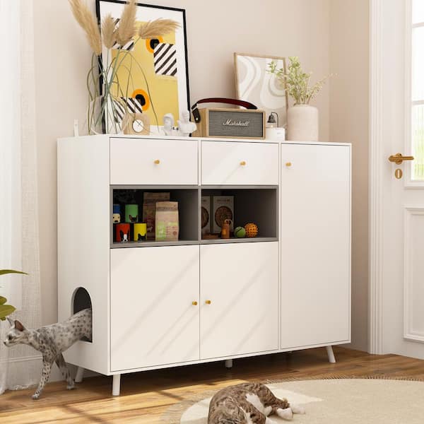 FUFU&GAGA Indoor Cat Litter Box Enclosure with 2-Drawers, Wooden Cat Washroom Cabinet with Storage Shelf, Decorative Pet House