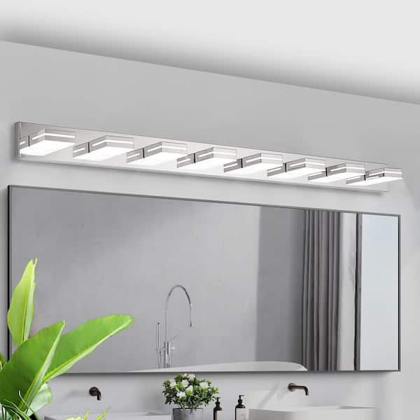 63 in. 8-Light Chrome LED Vanity Light Bar with Dimmable Square Acrylic Shades