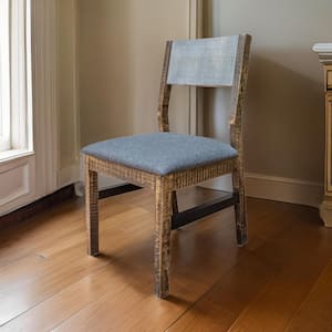 Brown and Blue Fabric Wooden Frame Dining Chair