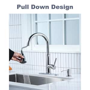 Single Handle Stainless Steel Pull Down Sprayer Kitchen Faucet with Soap Dispenser in Chrome