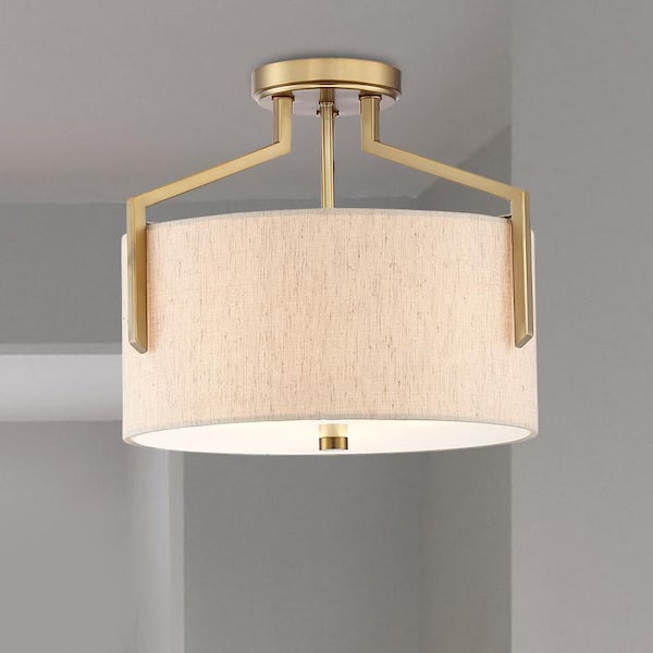 Designers Fountain Elara 15 in. 3-Light Brushed Gold Modern Entryway Semi-Flush Mount with Fabric Shade