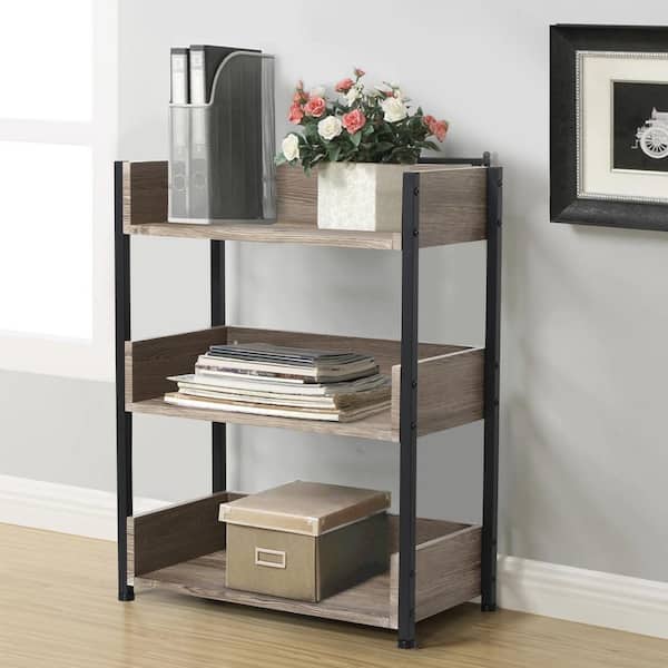 Compact 3-Tier Bookshelf, Rustic Wood Storage Organizer with Steel Frame for Home or Office Gray 30 in.