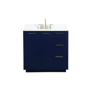 36 in. W Single Bath Vanity in Blue with Engineered Stone Vanity Top in Calacatta with White Basin with Backsplash