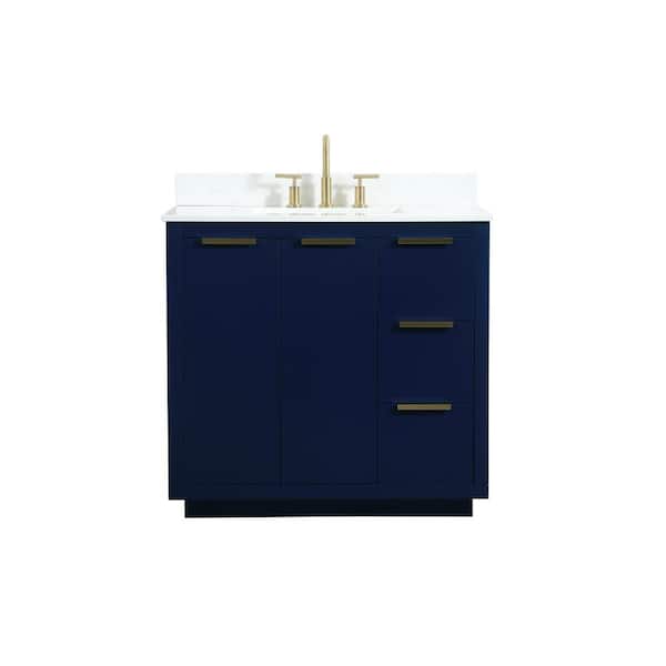 Unbranded 36 in. W Single Bath Vanity in Blue with Engineered Stone Vanity Top in Calacatta with White Basin with Backsplash