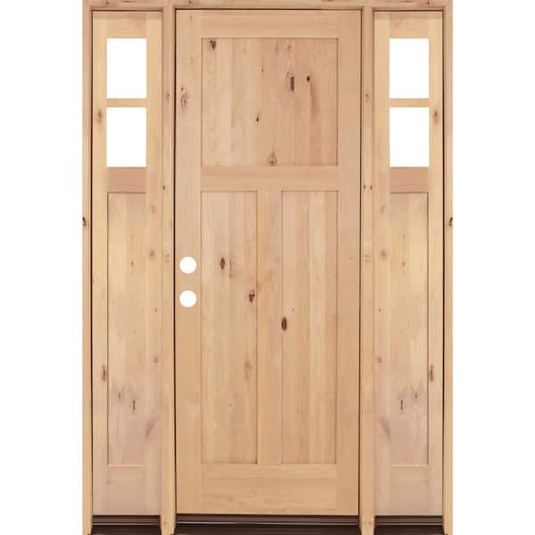 Krosswood Doors 60 in. x 96 in. Knotty Alder 3 Panel Right-Hand/Inswing Clear Glass Unfinished Wood Prehung Front Door with Sidelites