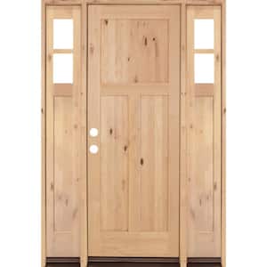 64 in. x 96 in. Knotty Alder 3 Panel Right-Hand/Inswing Clear Glass Unfinished Wood Prehung Front Door with Sidelites