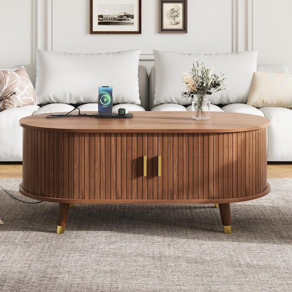 Qualler 42.5 in. Walnut Brown Oval Wood Fluted Coffee Table