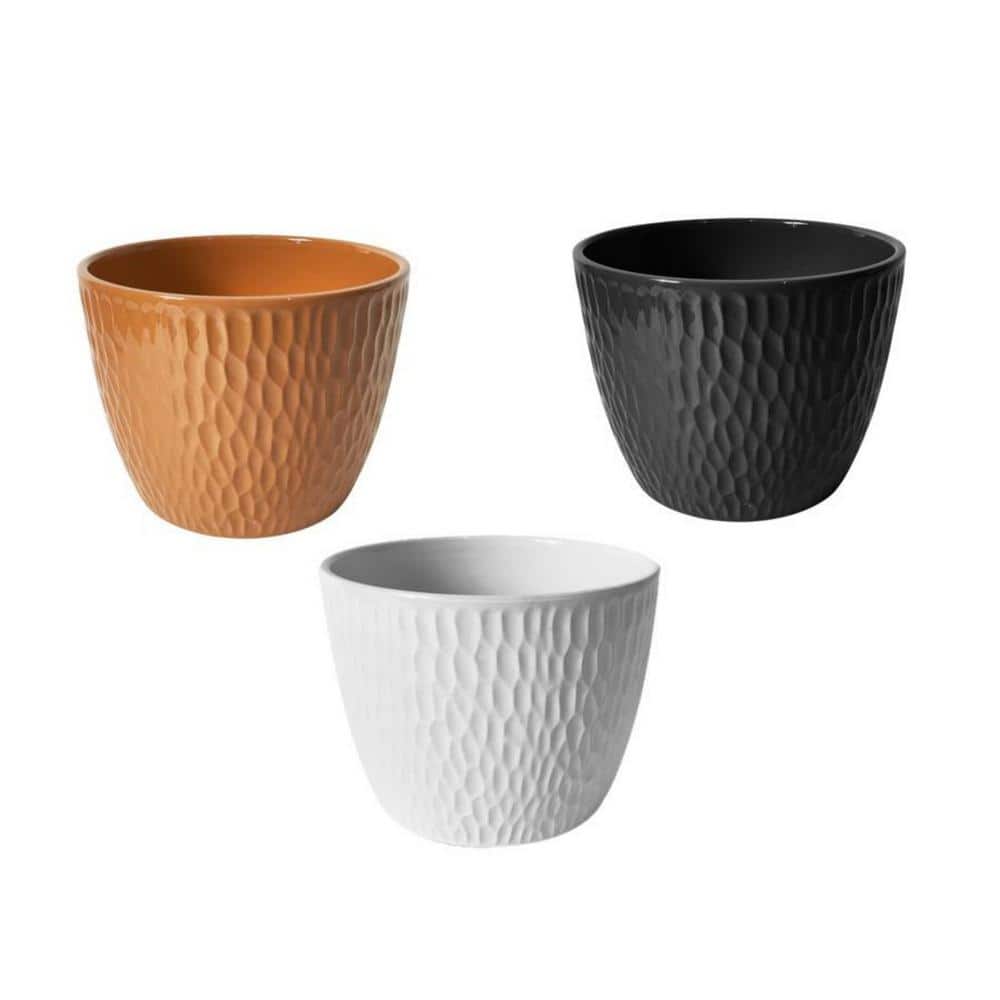 Modern 6 in. Dia White/Black/Orange Round Polystone Planter Plastic Pot wit