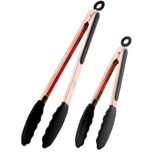 2-Pack (9 in. and 12 in.) Tongs for Cooking with Silicone Tips - Rose Gold- Black