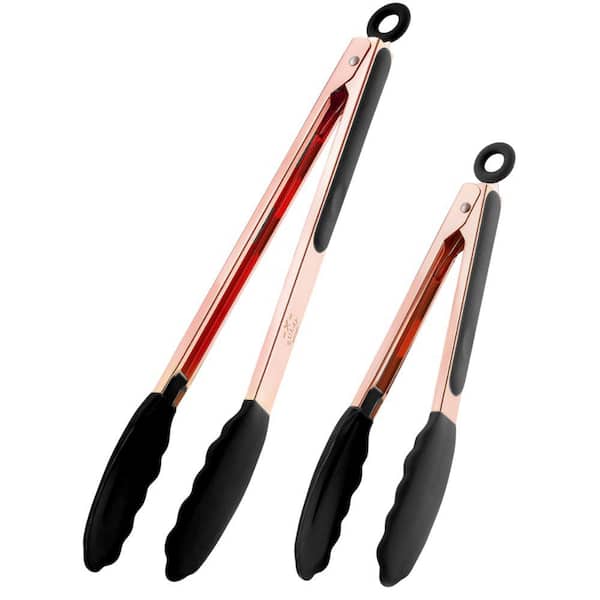 Zulay Kitchen 2-Pack (9 in. and 12 in.) Tongs for Cooking with Silicone Tips - Rose Gold- Black