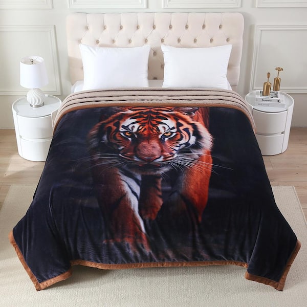 JML Tiger Pattern Rabbit Fur Blanket Striped Microfiber Plush Bed Blanket 85 in. x 93 in. 9LB