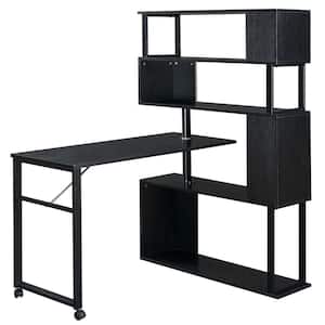 47.20 in. Retangular Black Rotatable L-Shaped Corner Home Office Computer Desk with 5-Tier Bookshelf and Casters