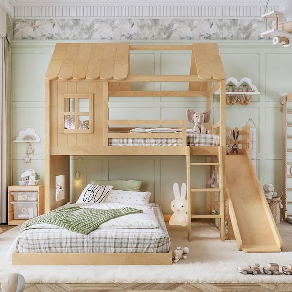 Natural Twin Over Full Bunk Bed with Ladders and Slides,Storage Shelves and Wardrobe