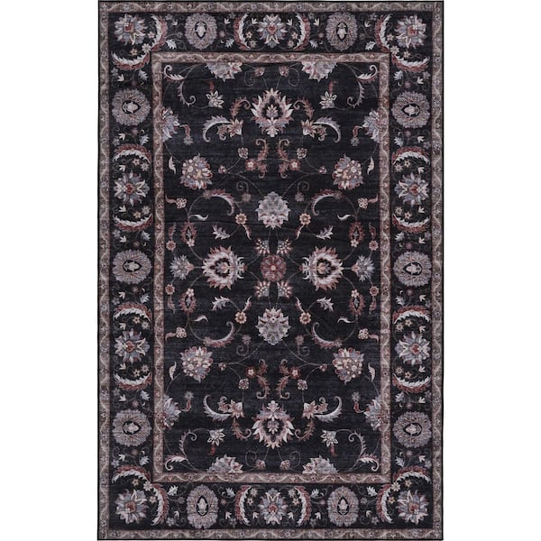 Arabella Vintage Floral Border Machine-Washable Dark Gray/Multi 9 ft. x 12 ft. Area Rug