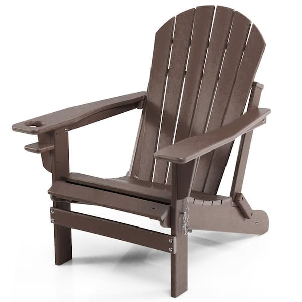 Costway Coffee Patio Folding Plastic Adirondack Chair HDPE All-Weather Pull-Out Ottoman