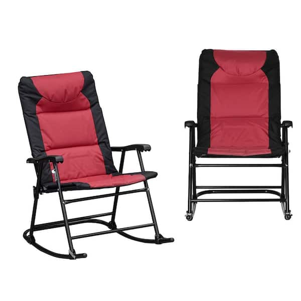 Outsunny Red Steel 2 Piece Folding Rocking Chair Set with Armrests, Padded Seat and Backrest