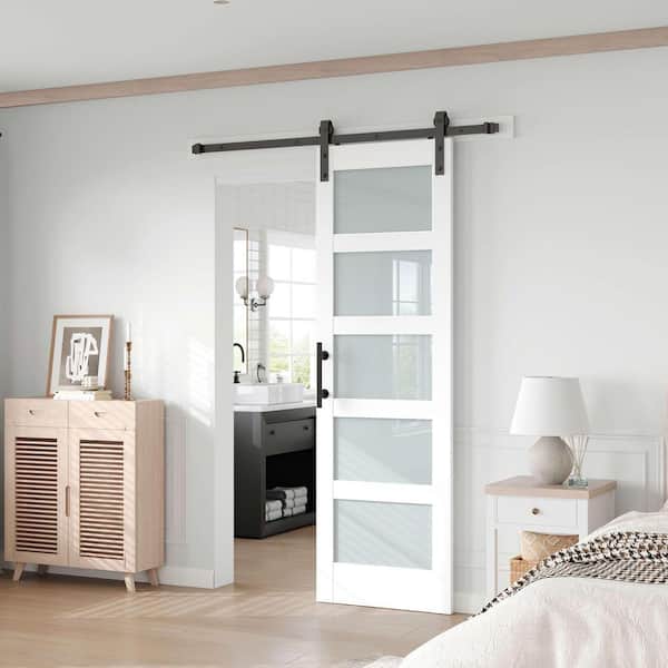 26 in. x 84 in. 5-Lite Frosted Glass White Finished MDF Sliding Barn Door with Hardware Kit