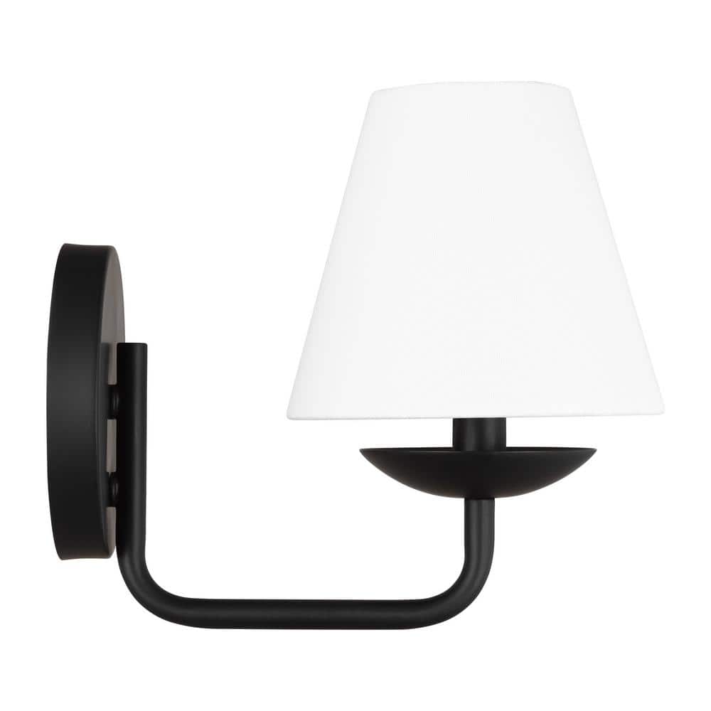 Midnight Black Steel Wall Sconce with White Linen Shade