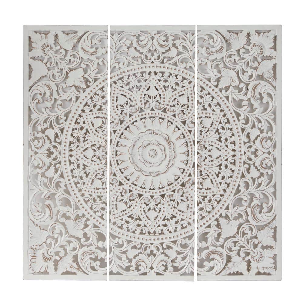 Litton Lane White Wood Handmade Intricately Carved Floral Wall Art with