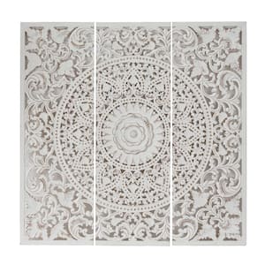 White Wood Handmade Intricately Carved Floral Wall Art with Mandala Design (Set of 3)