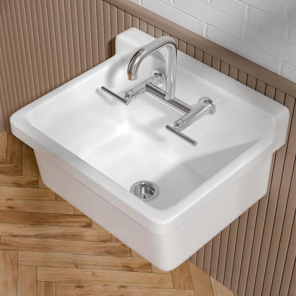 Utility Sink Laundry Sink High Back Farm Style Sink 24 in. Wall Mount Single Bowl White Fireclay Farmhouse Kitchen Sink