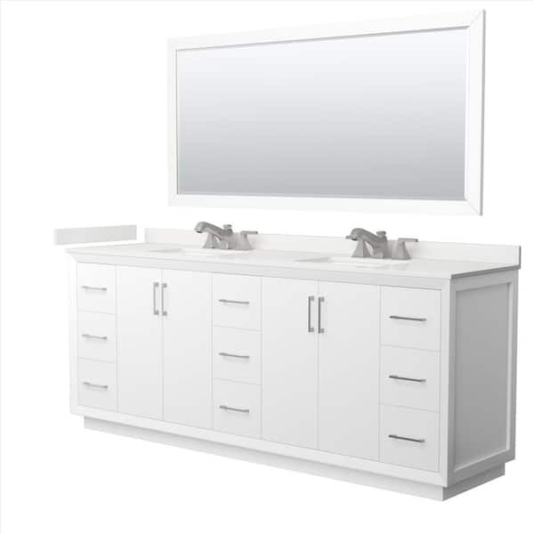 Wyndham Collection Strada 84 in. W x 22 in. D x 35 in. H Double Bath Vanity in White with White Quartz Top and 70 in. Mirror