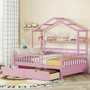 Pink Wood Frame Full Size House Platform Bed with 2-Drawer, Long Shelf and Full-Length Fence Guardrails