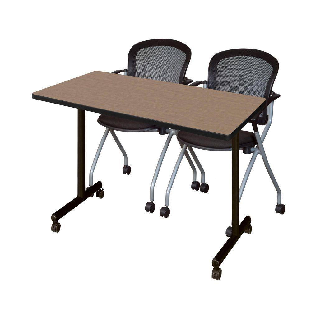 Kobe 48 in x 24 in. Noble Oak Mobile T-Base Training Table Desk, 2 Cadence Nesting Chairs
