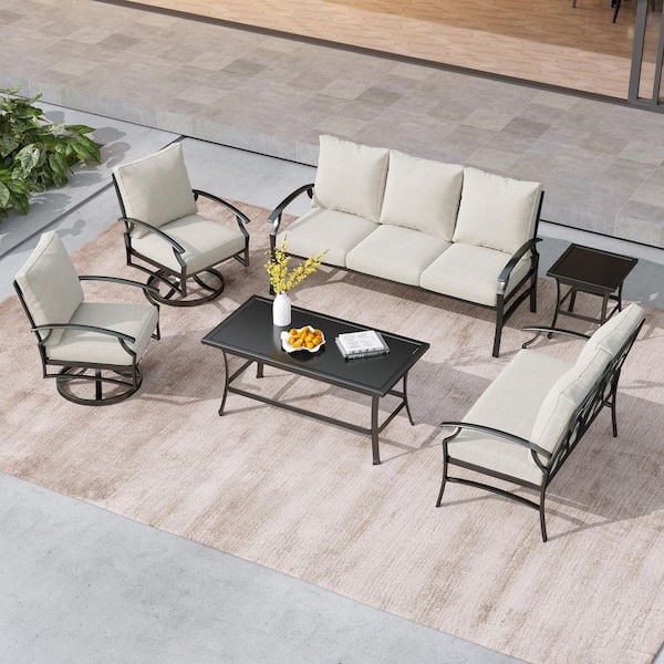 6-Piece Black Metal Frame 7-Seat Outdoor Patio Conversation Set with Beige Cushions and Coffee Tables