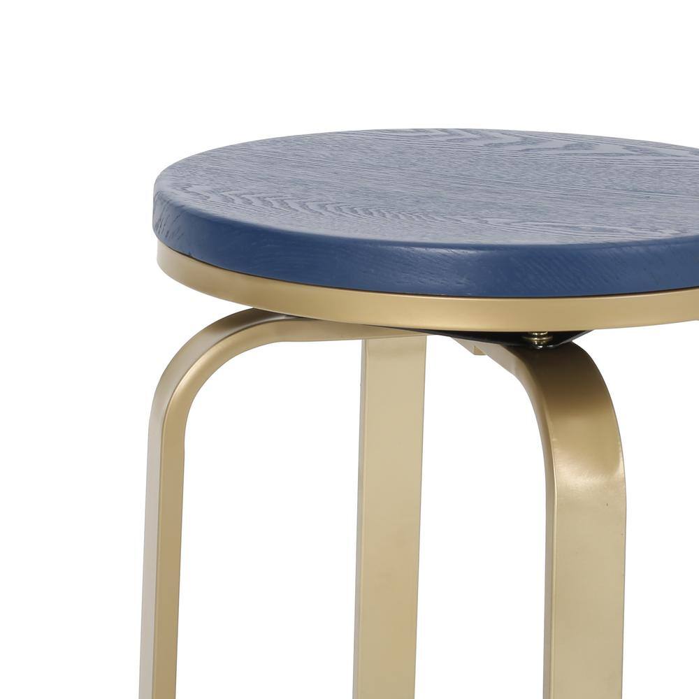 Satin Blue Swivel Counter Stool with Faux Wood Seat and Gold Frame (Set of 2)